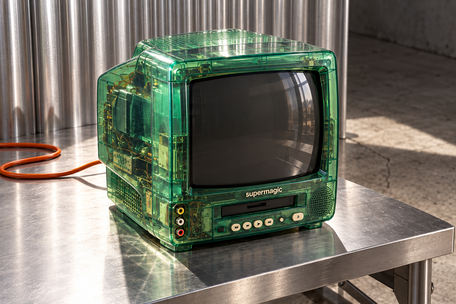 Emerald Supermagic television in a sunlit metal studio